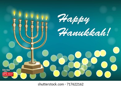 Greeting card Image of jewish holiday Hanukkah background with Golden menorah and burning candles on green dark background. vector illustration