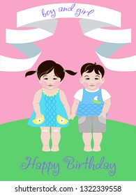 greeting card with the image of kids, brother and sister, twins. Can be used as a print for decorating children's clothing and more