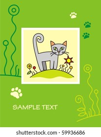 Greeting card with the image of a kitten and flower decoration on a green background