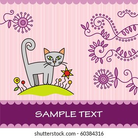 Greeting card with the image of a kitten and flower ornament in the violet