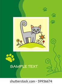Greeting card with the image of a kitten on a green background