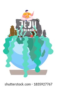 Greeting card with image of the main attraction of the south korean island Jeju and the inscription. Stone park with ancient figures, tropical plants in botanical garden falling down from the globe