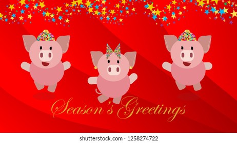 Greeting card image of three cute pig cartoon characters jumping around joyfully. Happy Chinese New Year 2019. Year of the Pig. New Year Exercise Resolution. Vector EPS 10.