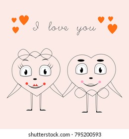 Greeting card with the image of two hearts holding the hand of, birthday, Valentine's day, love, line, vector illustration.