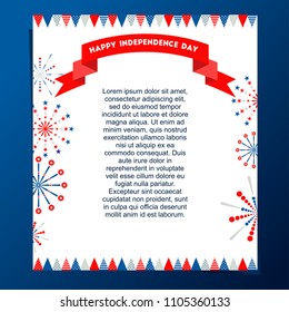 Greeting card for Independence day of USA, july fourth celebration party with fireworks, flags. Flat vector cartoon illustration. Objects isolated on a white background.