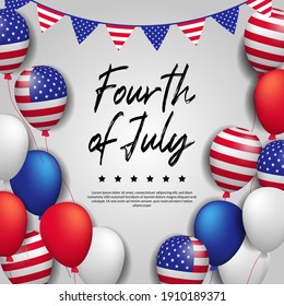 greeting card for independence day of usa, 4th july with 3d flying colorful balloon with american flag and white background