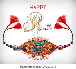 greeting card for indian festive sisters and brothers Raksha Bandhan with calligraphy inscription Happy Rakhi and original handmade bangle with gold and jewel, vector illustration