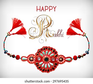 greeting card for indian festive sisters and brothers Raksha Bandhan with calligraphy inscription Happy Rakhi and original handmade bangle with gold and jewel, vector illustration