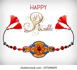 greeting card for indian festive sisters and brothers Raksha Bandhan with calligraphy inscription Happy Rakhi and original handmade bangle with gold and jewel, vector illustration