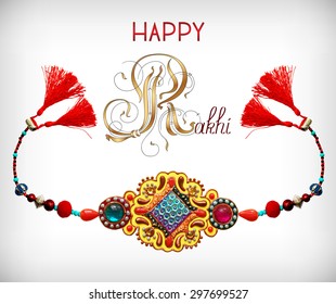 greeting card for indian festive sisters and brothers Raksha Bandhan with calligraphy inscription Happy Rakhi and original handmade bangle with gold and jewel, vector illustration