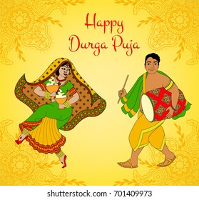 Greeting card for Indian holiday - Durga Puja with woman dancing Dhunuchi Naach and drummer