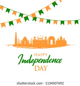 Greeting card with Indian landmarks. Independence Day of India,15th August. Indian landscape. Vector banner.