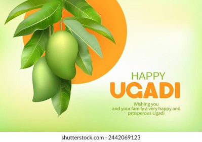 Greeting card for Indian New Year festival Ugadi (Gudi Padwa) with branch of green mango fruit. Vector illustration.