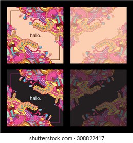 Greeting card in Indian style. Openwork patterns, flowers, ornament.