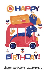 greeting card with the inscription happy birthday with a dragon riding in a red car