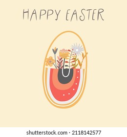 Greeting card with the inscription Happy Easter with a basket in the form of a rainbow, with abstract flowers.