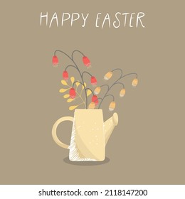 Greeting card with the inscription Happy Easter with a garden watering can with abstract flowers, bluebells elements, twig.