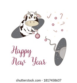 Greeting card with the inscription "Happy New Year". Cute cartoon bull symbol of 2021 year and cute cartoon mouse symbol of 2020 year.  Vector illustration. Hand-drawn.