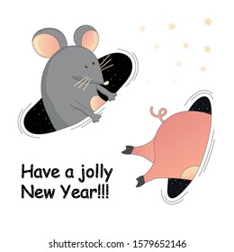 Greeting card with the inscription "Have a jolly New Year!!!". Cute cartoon mouse symbol of 2020 year and cute cartoon pig symbol of 2019 year.  Vector illustration.