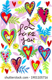 Greeting card with the inscription "I love you", colorful hearts, leaves and flowers.
