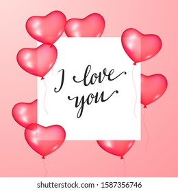 Greeting card with the inscription I love you and balloons hearts.