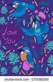 Greeting card with the inscription love you. Kingfishers on a purple background. Vector graphics.