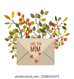 Greeting card with the inscription I love you, Mom , decorated with colorful flowers, hand-drawn doodles. Fashionable illustration of happy Mother s Day in the form of a postcard, vector, post on