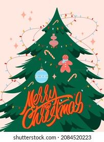 Greeting card with the inscription Merry Christmas and Christmas tree decorated with a garland, Christmas tree toys,gingerbread,lollipop and handwritten red lettering.colorful flat vector illustration