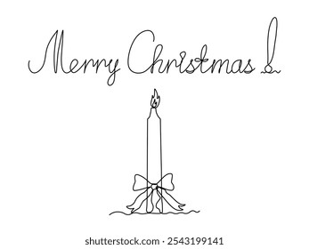 greeting card with inscription Merry Christmas! burning candle with ribbon.  continuous one line art hand drawing sketch, logo