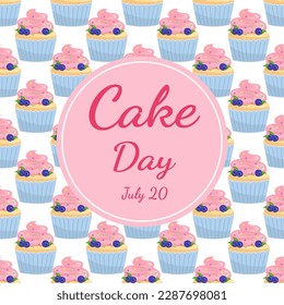 Greeting card for international cake day, tasty cupcake with strawberries, cherries and blueberries on vector background