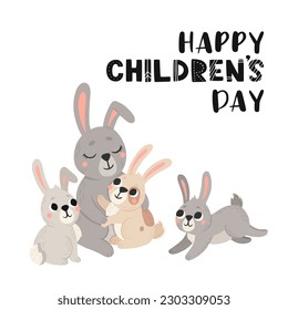 Greeting card for international children's day. cute mommy and baby rabbit in cartoon style. Hare mom and kid colorful illustration for childrens book, postcards and posters.