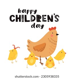 Greeting card for international children's day. cute mommy and baby chicken in cartoon style. Hen mom and chicks colorful illustration for childrens book, postcards and posters.