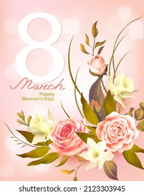 Greeting card for International Women’s Day 8 March. Spring background with roses and daffodils. Vector illustration.