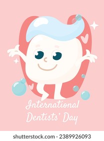 Greeting card for the International Day of the Dentist. A cute little tooth with glasses and a happy smiling face. The child has toothpaste on top. A positive character for the day of the dentist.