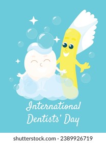 Tarjeta de saludo para el Día Internacional del Dentista. Un diente lindo es sonriendo alegremente con un cepillo de dientes. El bebé tiene pasta dental encima y está cubierto de burbujas. 