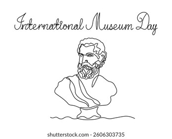 Greeting card International Museum Day. ancient Greek,ancient Roman bust of woman,logo,continuous single line art hand drawing sketch