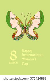 Greeting card with International woman's day. Butterfly with Lady Summer profiles on wings. Vector illustration.