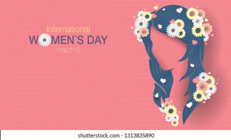 Greeting Card of INTERNATIONAL WOMEN S DAY. Silhouette of woman head with long blue hair with hearts inserted between the hair and decorated with white and yellow flowers with copy space. Vector image