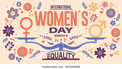 Greeting Card of INTERNATIONAL WOMEN S DAY. Text in red color and scale with EQUALITY word and male and female icon surrounded by violet, red, blue flowers on yellow background. Vector image