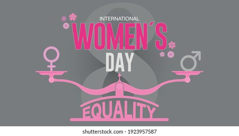 Greeting Card of INTERNATIONAL WOMEN S DAY. Text in red color on pink scale with EQUALITY word at the base and male, female icons surrounded by pink flowers and the number 8 in dark gray background