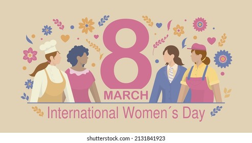 Greeting Card of INTERNATIONAL WOMEN S DAY. Group of women office workers, mechanical worker, chef surrounded by flowers and hearts in pink, blue and yellow on pastel yellow background. Vector image