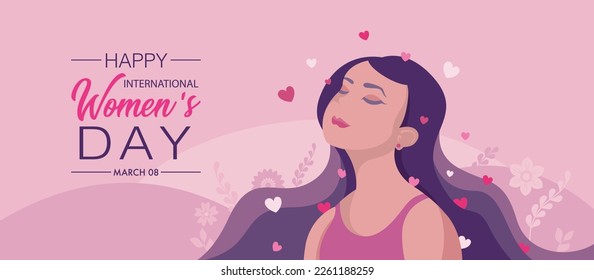 Greeting Card of INTERNATIONAL WOMEN S DAY. Woman with eyes closed and head up breathing easy with hearts coming out of her hair in pink and purple color with flower behind her against pink background