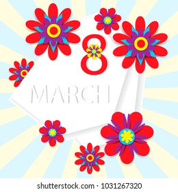 Greeting card to the International Women's Day on March 8. Red paper flowers on the background of divergent rays.