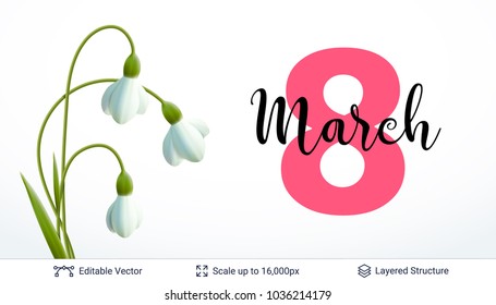 Greeting card for International Women's Day. Spring flowers and 8 of March date. Editable vector background.