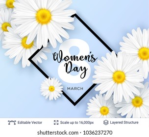 Greeting card for International Women's Day. Beautiful flowers and holiday lettering in a frame. Editable vector background.