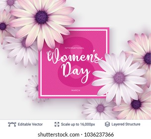 Greeting card for International Women's Day. Beautiful flowers and holiday lettering in a frame. Editable vector background.