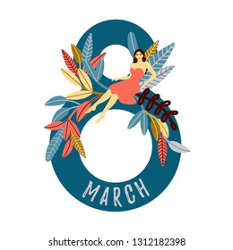 A greeting card to International Women's Day of 8th March; a girl sitting on number 8 decorated with leaves; vector illustration in flat cartoon style.
