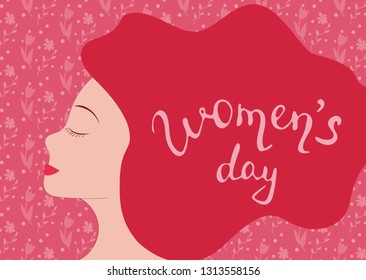 Greeting card for International Women's day with floral pattern, woman and lettering