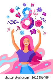 Greeting card for International Womens Day celebration. 8th March background with girl and flowers in trendy style.