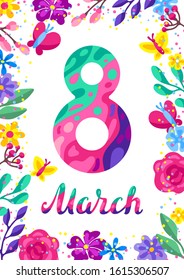 Greeting card for International Womens Day celebration. 8th March background with flowers in trendy style.